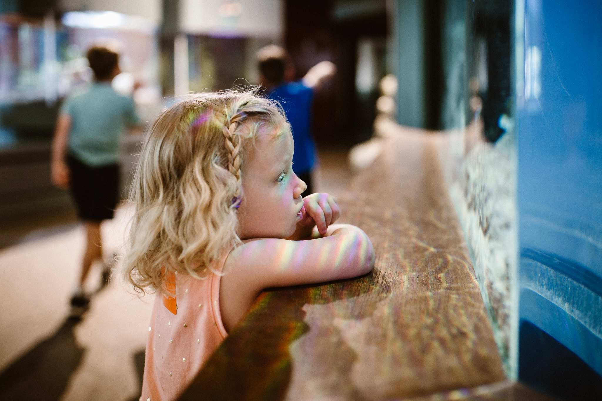 Toddler girl at an aquarium with rainbow reflections on her from the glass.